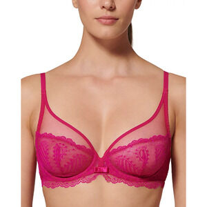 Simone Perele Women Canopee Sheer Plunge Bra Rose Hibiscus Size 36D